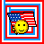 Yellow smiley face holding American flag with red, white, and blue borders; eyes alternate between open and closed states.