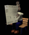 Animated contact sheet showing a cartoon character reading a newspaper on a bench across multiple frames with subtle pose and expression changes.