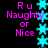 Pixelated text "Ru Naughty or Nice" in pink appears on black background with cyan star shapes, some stars animate vertically.