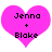 Two identical pink heart-shaped icons with black text reading "Jenna + Blake" in pixelated font, displayed side-by-side on white background.