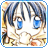 Pixelated anime-style icon of a character with blue eyes and dark hair, featuring yellow-orange highlights on the left side against a white background.