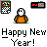 Animated contact sheet of a New Year's buddy icon featuring pixelated characters, countdown timer, and text elements across 13 frames.