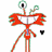 Red cartoon character with large eyes and multiple limbs holding black, red, and blue shapes against white background.