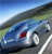 A pixelated blue car with a red emblem on the hood is positioned on a road with green fields and a blue sky in the background.