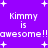 Purple background with white pixelated text reading "Kimmy is awesome!!" and scattered white plus signs.
