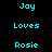 Pixelated cyan text 'Jay', 'Loves', and 'Rosie' arranged vertically on a black background with two circular light effects.