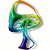 Animated rainbow-colored mushroom icon with gradient stem and cap, set against white background on left side of image.