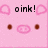 Pixelated pink background with dark brown circular eyes, a pink spiral nose, and black text reading 'oink!' above two pink circular shapes.