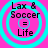 Four identical cyan circular icons on a bright pink background, each containing black text reading "Lax & Soccer = Life" in a pixelated font.