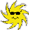 Two yellow sun-shaped icons with black sunglasses and smiling faces, one slightly larger than the other against a gray background.