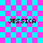Four identical pixelated text labels "JESSICA" on a cyan and magenta checkerboard background with faint lines