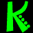Animated contact sheet showing five sequential frames of a green K-shaped icon with colored dots moving along its right arm against black background.