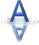 Blue letter A with 3D reflection and white water ripple effects on gray background.
