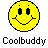 A contact sheet of 19 animated frames showing a yellow smiley face icon with varying tongue positions and mouth expressions, each labeled "Coolbuddy" below.