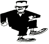 Black-and-white cartoon figure in a suit and bow tie performing a skating motion across six