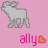 Pixelated gray goat on pink background with 'ally' text and red heart symbols, animated in four distinct poses.