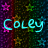 Pixelated text 'CoIey' in cyan with star shapes on a multicolored background.