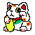 Pixelated white cat with red inner ears and green eyes, wearing red collar with yellow star, holding green leaf-like object, seated with raised paw.