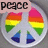 Six circular peace sign icons with rainbow color segments, each paired with a text label in pink boxes above or below.