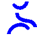 Blue pixelated shapes on gray background: curved lines, X-like form, and two S-shaped forms with varying stroke thicknesses.