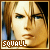 Pixelated close-up of a person's face with light brown hair, blue eyes, and neutral expression beneath bold white text reading "SQUALL" on a brown banner.