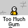 Animated contact sheet of a pixel art character in yellow shirt performing gum-chewing actions with pink bubblegum, displayed on gray background with repeated 'X' pattern.