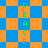 A static pixel art image with alternating blue and orange squares forming a pattern, with the word "PEACE" vertically aligned in green text on the left side