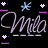 Black background with repeated 'Mila' text in light purple and blue cursive, surrounded by pink stars and dashed lines. A gray rectangle occupies the bottom-right corner.