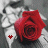 A red rose with a small red heart symbol on the left side, set against a grayscale background of white and gray floral patterns.