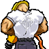 Pixelated cartoon character in white shirt with diamond-shaped symbol, yellow helmet, and orange hose, shown from back in four sequential poses.