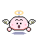 Pixelated pink spherical character with white wings, golden halo, and purple shadow on gray background showing four distinct poses.