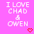 Pixelated pink background with repeated white text "I LOVE CHAD & OWEN" and red heart symbols, some frames show a gray rectangle replacing the bottom-right section.