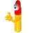 Pixelated icon of a yellow cylindrical figure with a red top, holding a yellow object, featuring a single eye with gray and black details.