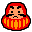 Two pixelated red and orange figures with black outlines, each featuring a round head, square eyes, thick eyebrows, and a small mouth.