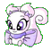 Pixelated cartoon character with white face, purple eyes, pink hair bow and tail, light purple scarf, in six sequential poses showing eye closure and head tilt changes.