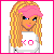 Pixel art of a blonde character with pink headband holding 'XO' sign, showing eye and mouth expression changes across frames.