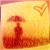A pixelated image of a figure holding an umbrella under a gradient sky, with a heart symbol in the top-right corner.