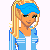 Pixel art contact sheet showing four frames of a blue-themed animated character with blonde hair, headband, and sporty outfit alongside text reading 'sporty bbie' in block letters.