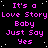 Pixelated text repeats 'It's a Love Story Baby Just Say Yes' in pink on black with white dots, forming a pattern