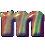 A single stylized letter 'm' with a smooth, glossy surface displaying a rainbow gradient of red, orange, yellow, green, blue, and purple hues against a solid light gray background.