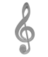Animated grayscale treble clef icon with motion effects, transitioning through multiple states including solid form and striped wave patterns.