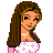 Pixel art cartoon of a woman in pink and white dress with brown hair, standing on pink blocks next to text reading "brown eyed babie".