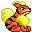 Pixelated cartoon creature with yellow and orange body, red eyes, and wing-like appendages in a of showing sequential animation