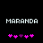 Pixelated text 'MARANDA' in white block letters above a of pink and purple puzzle-piece icons on black background