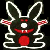 Pixelated bunny icon with glowing white outline, red eyes, and open mouth showing teeth; repeated "CuTe" text in red pixel font above and below the bunny.