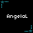 Pixelated blue star icons with dotted trails animate above and below white text reading 'AngelaL' on a black background.