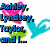 Pixelated text lists names with colored hearts and a yellow heart-shaped cursor over blue letters spelling ARE... on a white background.