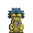 Pixel art of a yellow-skinned figure with blue spiky hair, closed eyes, and a grid-patterned mouth, standing against a solid gray background.
