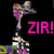 Pixelated anime-style character in purple outfit performing high kick, with text 'ZIR!' and 'Rawr' in bright colors on black background.