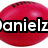 Red oval-shaped icon with black text reading "danielz loves footy" in white letters with black outlines, displayed on a white background.
